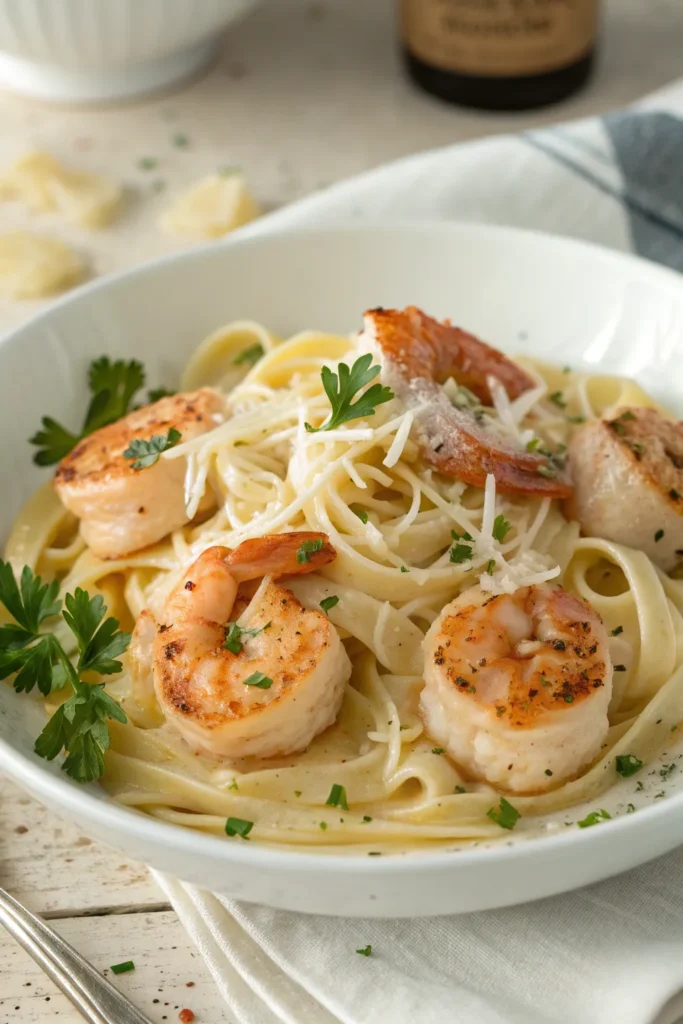 Fine-dining seafood fettuccine with shrimp, scallops, and Parmesan shavings.