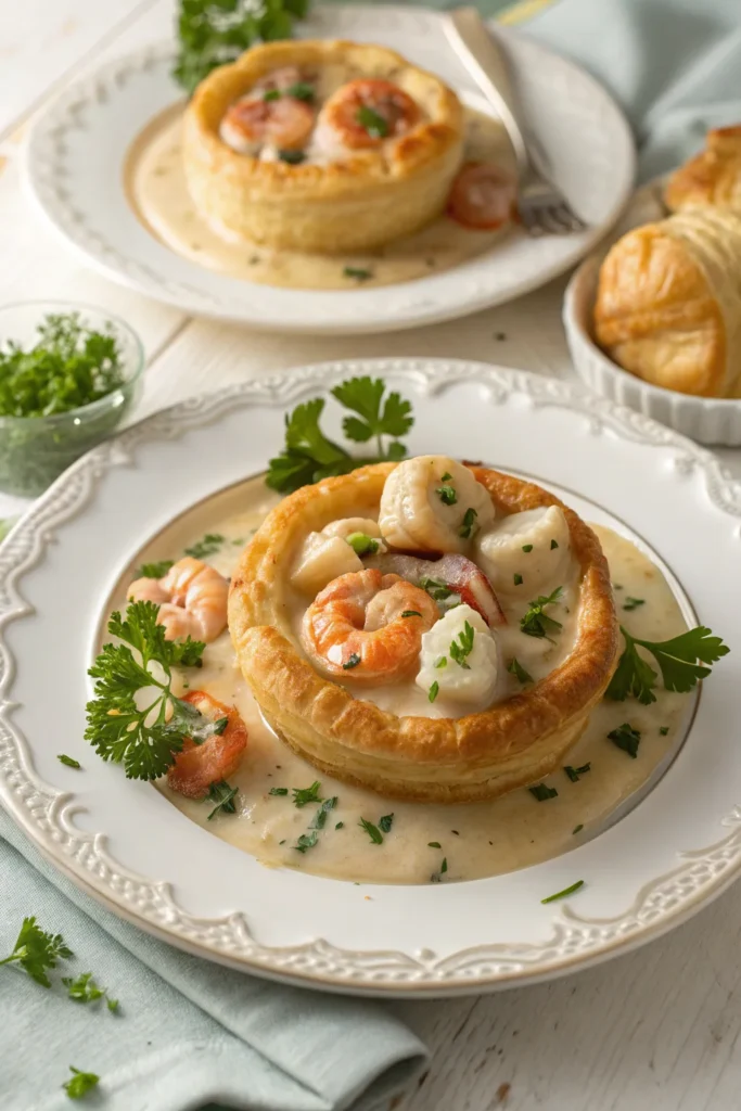 Seafood Newburg spooned over buttered toast points.