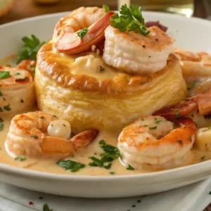 Seafood Newburg served in puff pastry shells with creamy sauce and parsley