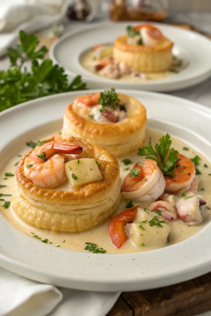 Seafood Newburg served in puff pastry shells with creamy sauce and parsley