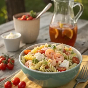 Seafood pasta salad with shrimp, pasta, fresh vegetables, and creamy dressing served in a bowl.