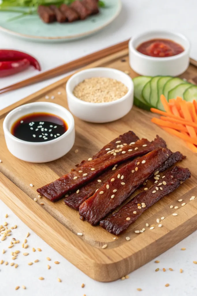 Serving suggestion of teriyaki beef jerky presented on a wooden board with dipping sauce, sesame seeds, and garnish for an appetizing snack-style presentation.