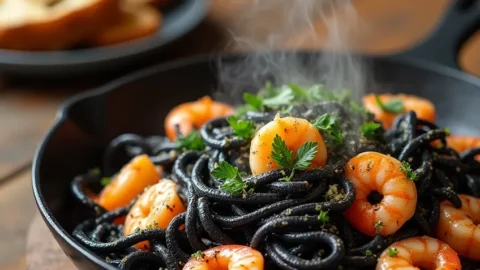 Seafood pasta salad recipe served on individual plates with lemon slices and fresh dill garnish.