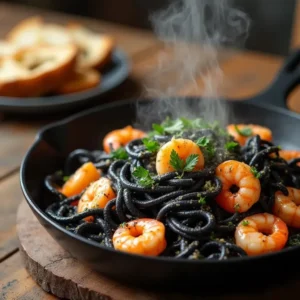 Steaming squid ink pasta served in a black skillet with shrimp and fresh parsley on top.
