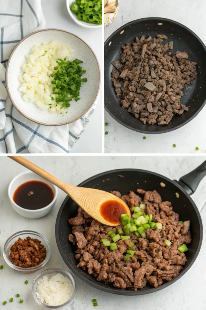 ground beef browning, onions garlic and ginger added, bulgogi sauce being mixed, and the beef simmering in the sauce until caramelized.