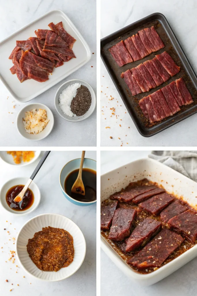 Step-by-step visual guide showing slicing beef, mixing marinade, marinating the meat, arranging it on drying racks, and the finished teriyaki beef jerky.