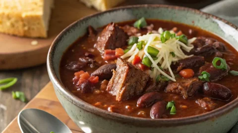 Hot beef brisket chili served with cornbread and fresh garnish on the side
