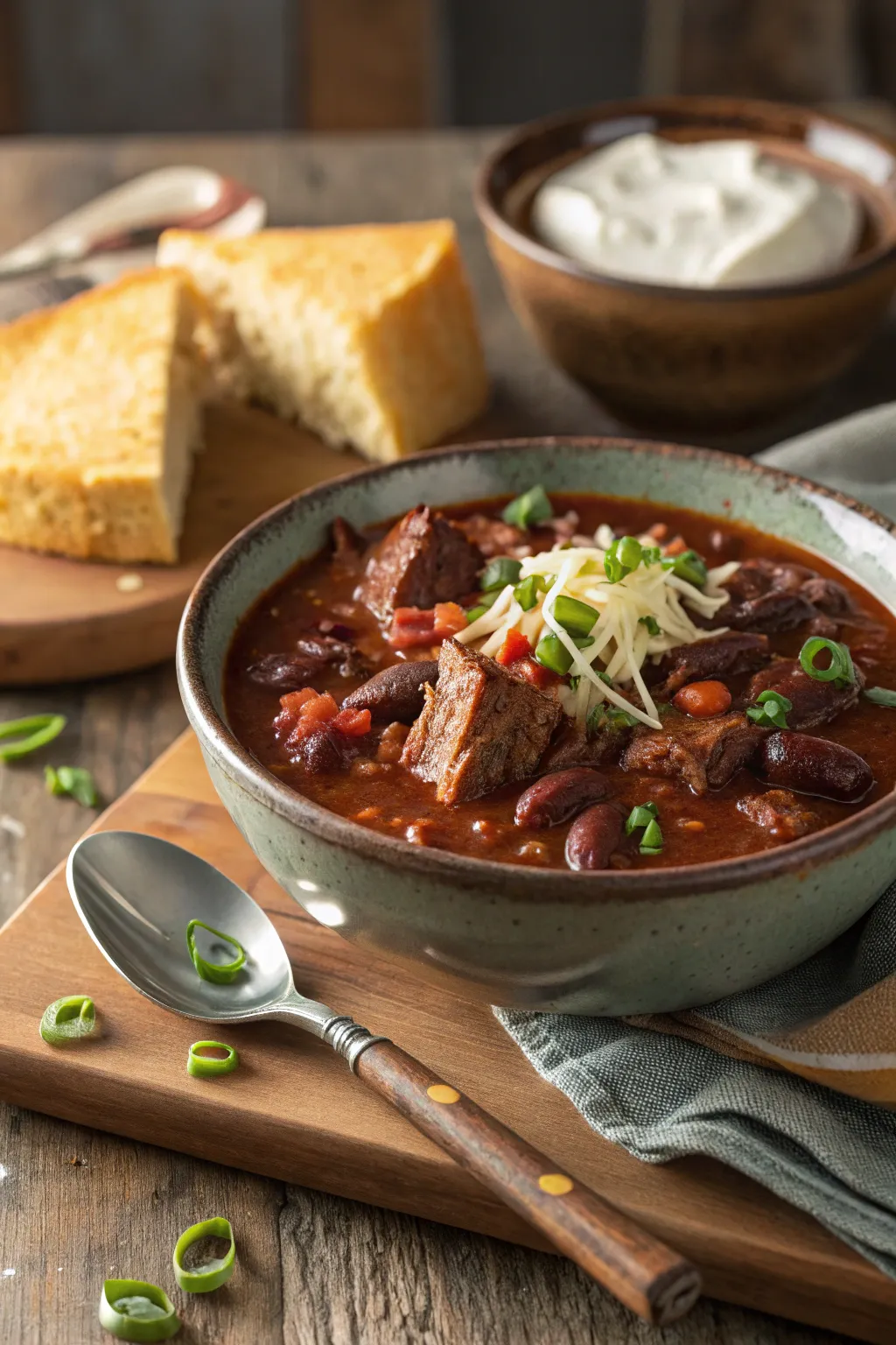 Hot beef brisket chili served with cornbread and fresh garnish on the side