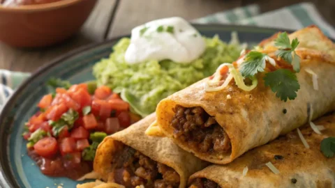 Hot beef and bean chimichangas served with guacamole, salsa, and rice on the side