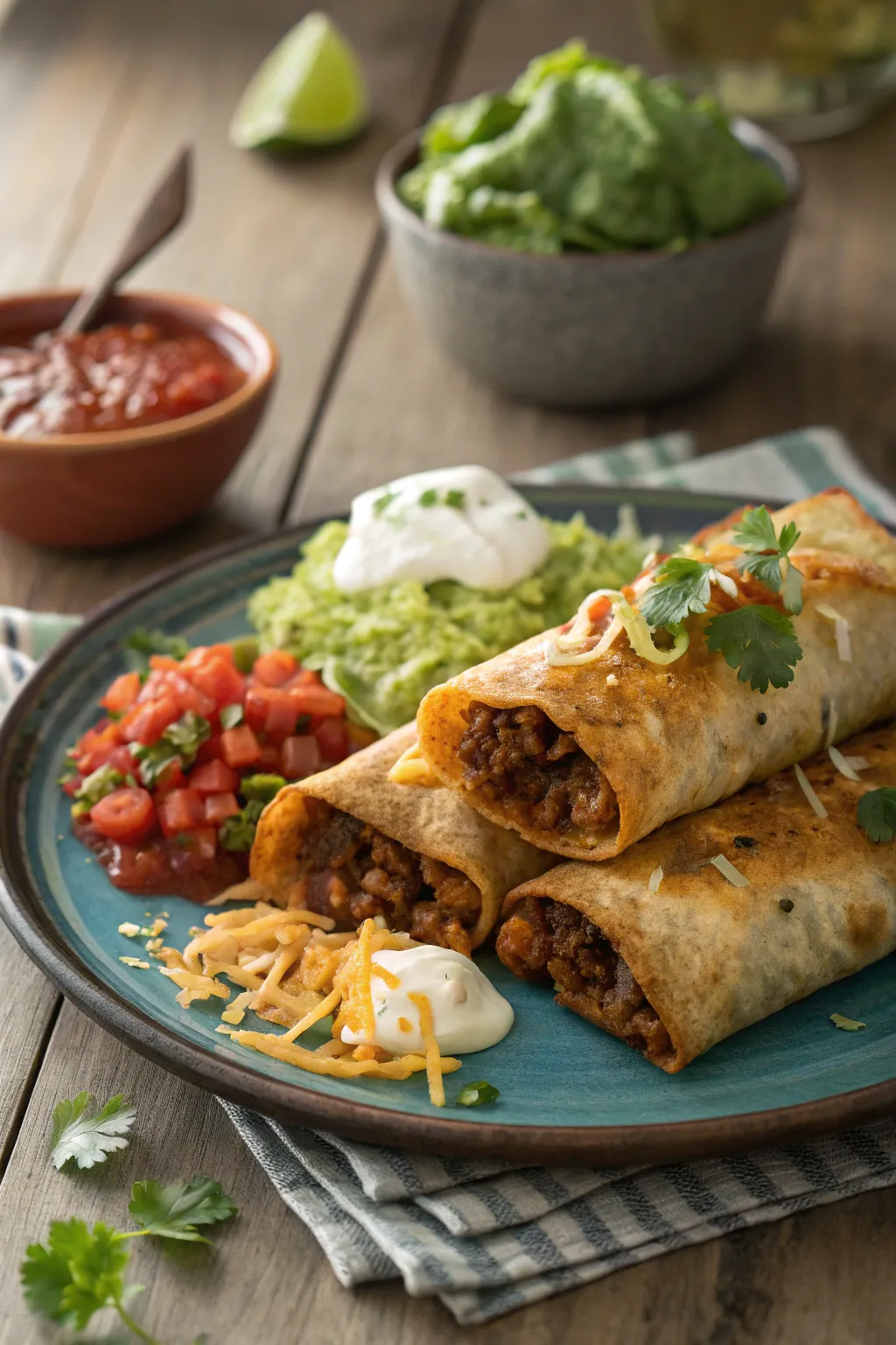 Hot beef and bean chimichangas served with guacamole, salsa, and rice on the side