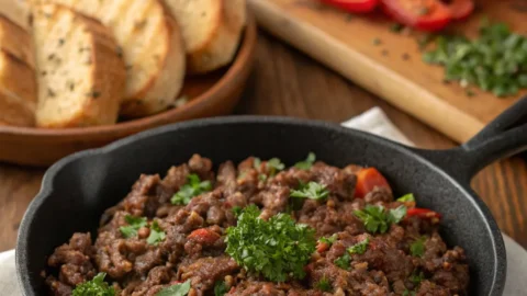 Easy Wagyu ground beef recipe served in a skillet with golden-browned meat and fresh herbs on top