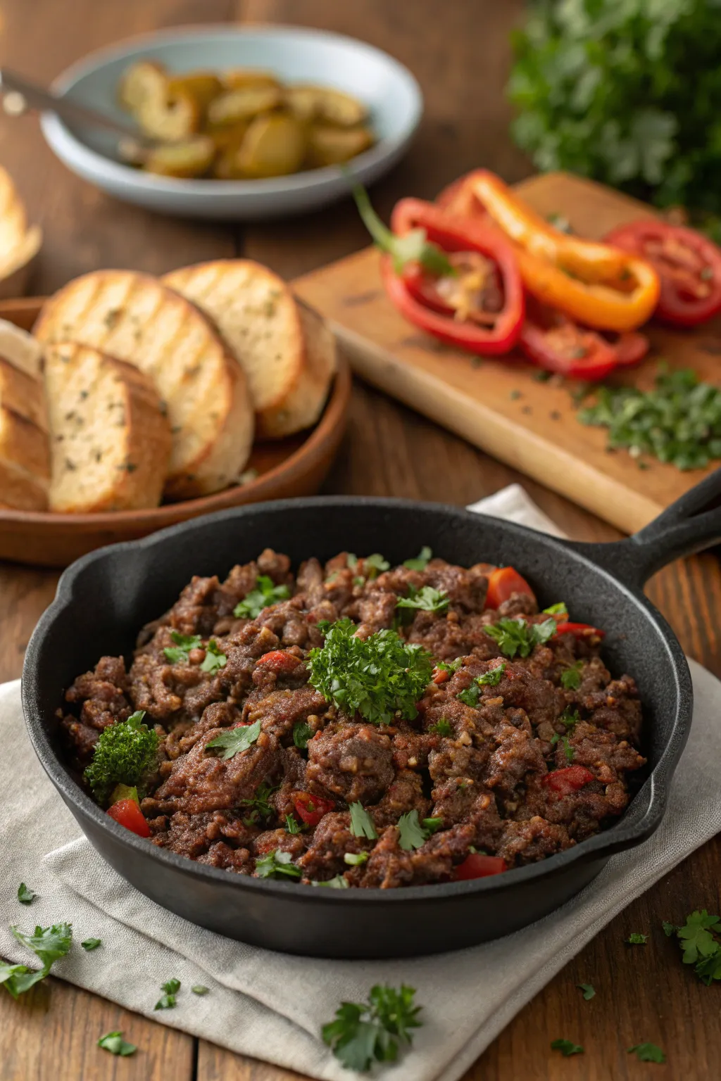 Easy Wagyu ground beef recipe served in a skillet with golden-browned meat and fresh herbs on top