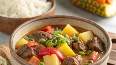 Beef steak and potatoes served hot with parsley garnish and a side of vegetables