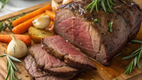 Rib eye roast recipe served on a cutting board with golden crust and fresh rosemary garnish