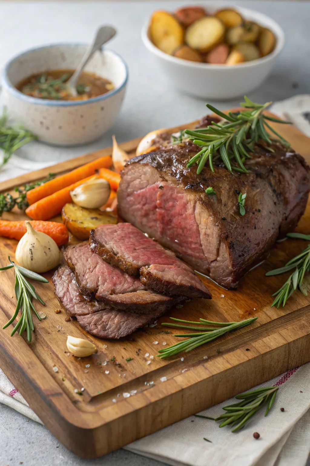 Rib eye roast recipe served on a cutting board with golden crust and fresh rosemary garnish