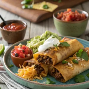 Golden crispy beef and bean chimichangas served with salsa, guacamole, sour cream, and lettuce.