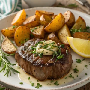 Pan-seared beef steak topped with herb butter served alongside golden roasted potatoes and a lemon wedge on a rustic plate.