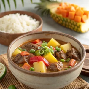 Hawaiian beef stew served in a bowl with tender beef chunks, carrots, potatoes, and a rich tomato-based broth
