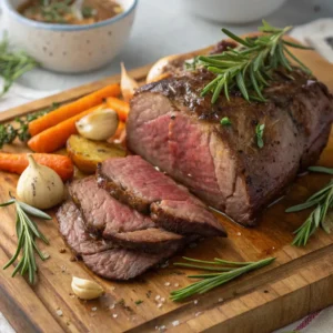 Juicy herb-crusted ribeye roast sliced to medium-rare and served with garlic and rosemary on a wooden board.