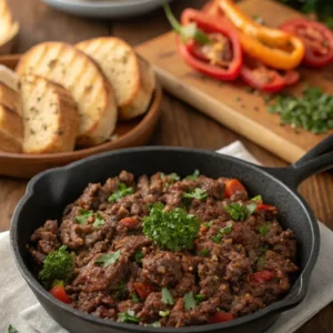 Flat-lay display of Wagyu ground beef, onion, garlic, spices, soy sauce, and parsley arranged in small bowls for the recipe ingredients.