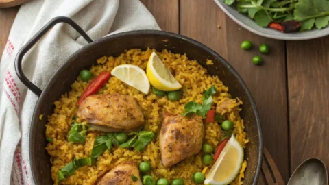 Close-up of chicken paella showing golden saffron rice, tender chicken, and colorful vegetables