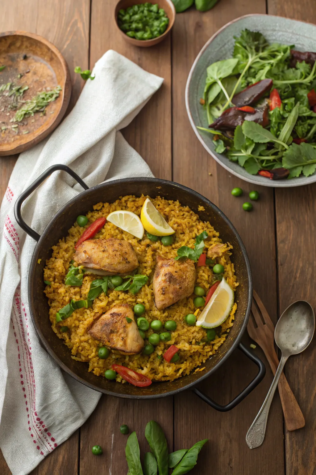 Close-up of chicken paella showing golden saffron rice, tender chicken, and colorful vegetables