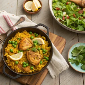 Cooking chicken paella in a wide skillet with rice, broth, and vegetables