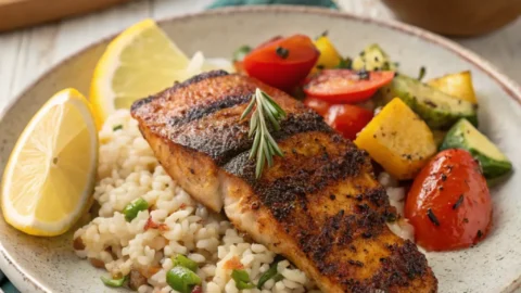 Blackened fish recipe served in a dish with lemon and parsley