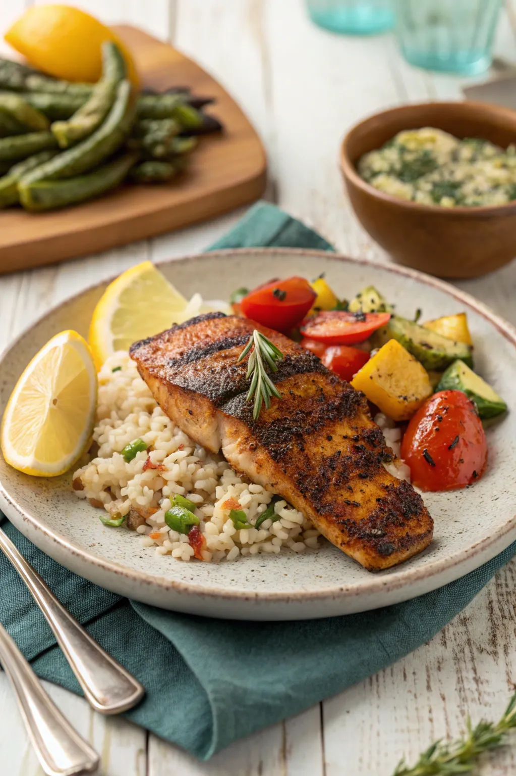 Blackened fish recipe served in a dish with lemon and parsley