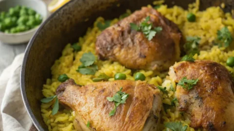 Chicken and yellow rice served on a plate with golden turmeric rice and tender chicken pieces