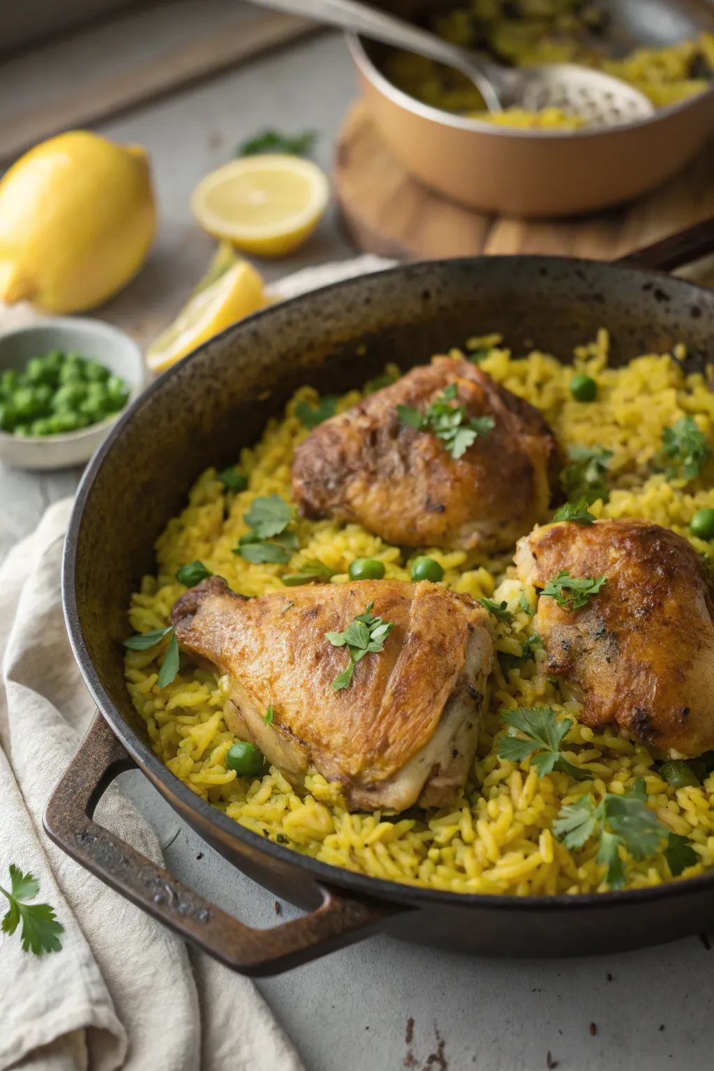 Chicken and yellow rice served on a plate with golden turmeric rice and tender chicken pieces