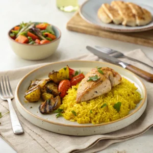 Cooking chicken and yellow rice together in a skillet with spices and broth