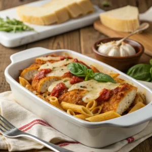 Hot chicken parmesan pasta served with fresh basil garnish and side salad.