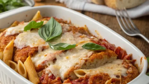 Chicken parmesan pasta served on a plate with crispy golden crust and melted cheese