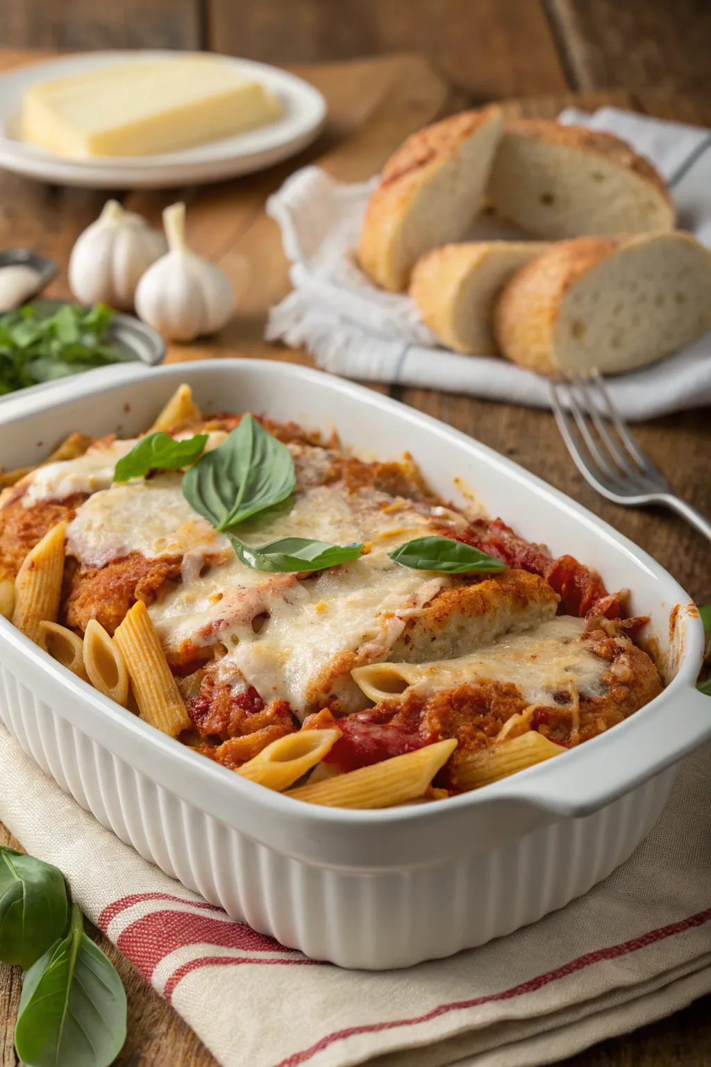 Chicken parmesan pasta served on a plate with crispy golden crust and melted cheese