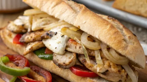 Chicken Philly cheesesteak sandwich served in a hoagie roll with melted cheese and peppers