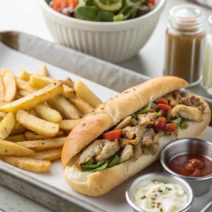 Chicken Philly cheesesteak sandwich served in a hoagie roll with melted cheese and peppers
