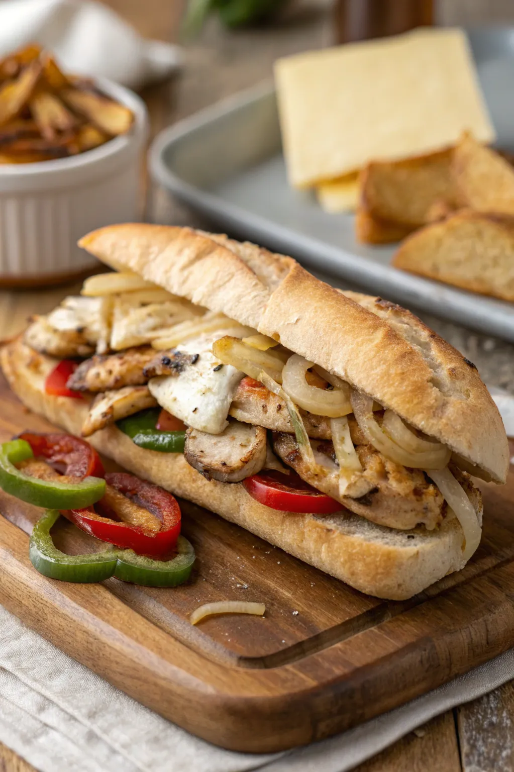 Chicken Philly cheesesteak sandwich served in a hoagie roll with melted cheese and peppers