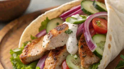 Warm chicken pita stuffed with grilled chicken, lettuce, tomatoes, and creamy sauce