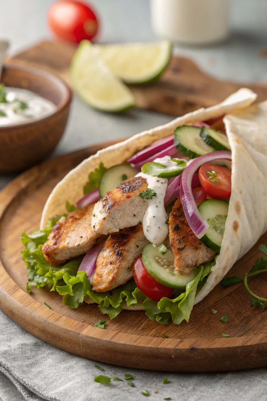 Warm chicken pita stuffed with grilled chicken, lettuce, tomatoes, and creamy sauce