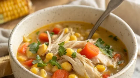 Close-up of chicken corn soup showing tender chicken pieces and golden corn in creamy broth