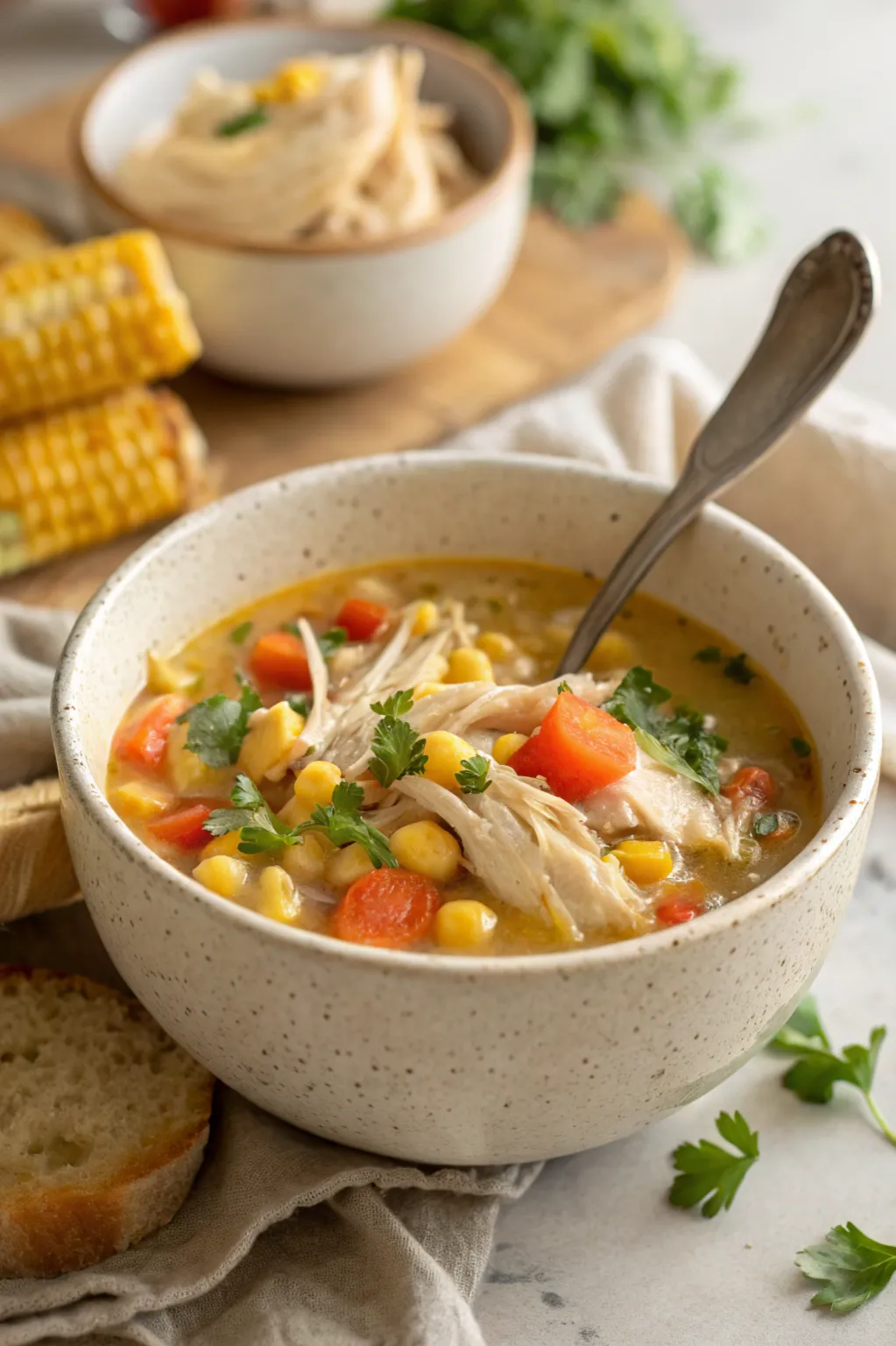 Close-up of chicken corn soup showing tender chicken pieces and golden corn in creamy broth