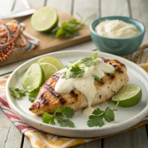 Close-up of juicy fiesta lime chicken with crispy crust and melted cheese topping