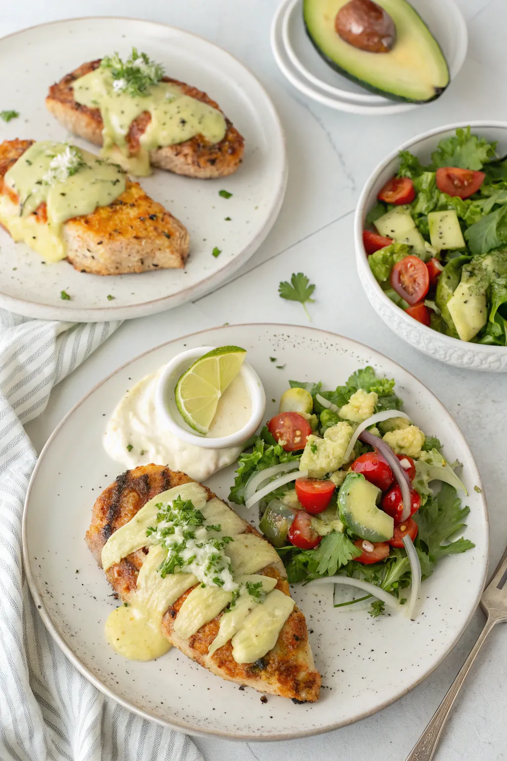 Fiesta lime chicken served on a plate with crispy golden crust and fresh lime slices