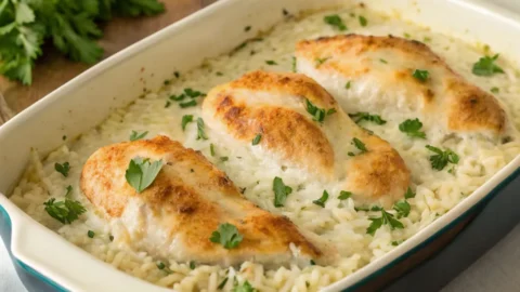 Hot serving of forgotten chicken with creamy rice and parsley garnish
