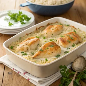 Forgotten chicken casserole baked to golden perfection, served hot with rice