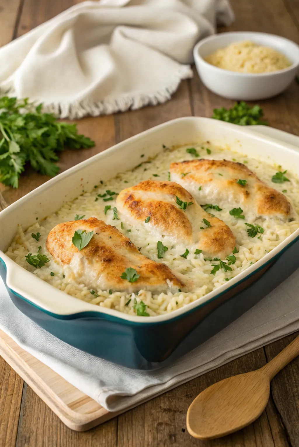 Hot serving of forgotten chicken with creamy rice and parsley garnish