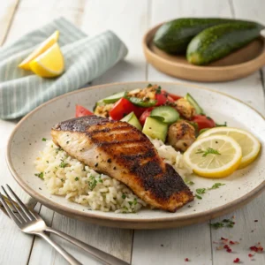 Blackened fish recipe served hot with garnish and sides