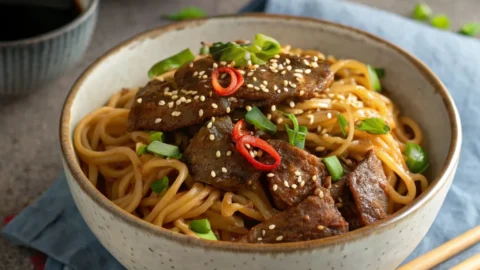 Mongolian beef noodles recipe served in a bowl or plate with fresh herbs