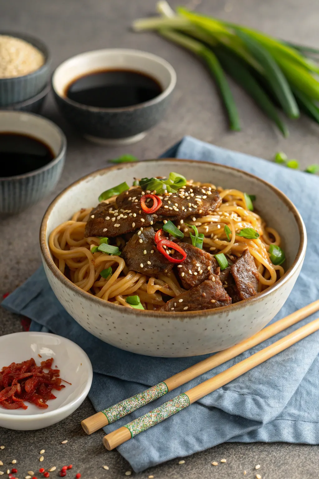 Mongolian beef noodles recipe served in a bowl or plate with fresh herbs